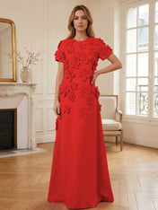 Short Sleeve Crew Neck A-Line Gown with 3D Floral Appliques Evening Dresses