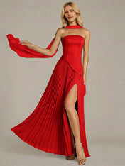 Navy A Line Satin Off The Shoulder Sleeveless Floor Length Dress
