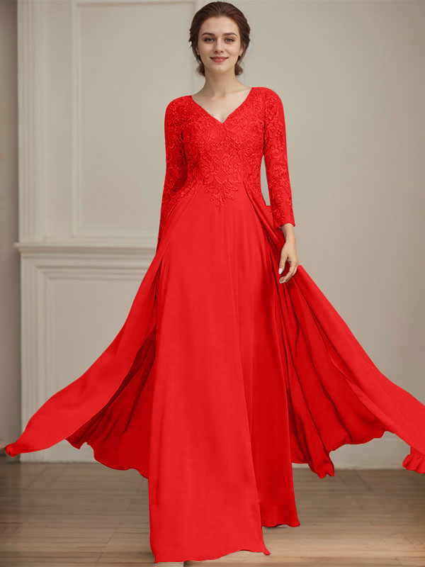 A-line V-Neck Floor-Length Lace Chiffon Mother of the Bride Dress With Sequins