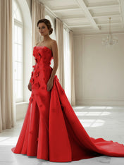 Pink A Line Satin Strapless Prom Dress with 3D Floral Appliques