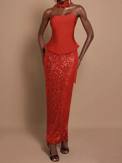 Off-Shoulder Bandage Top & Sequin Midi Skirt Set