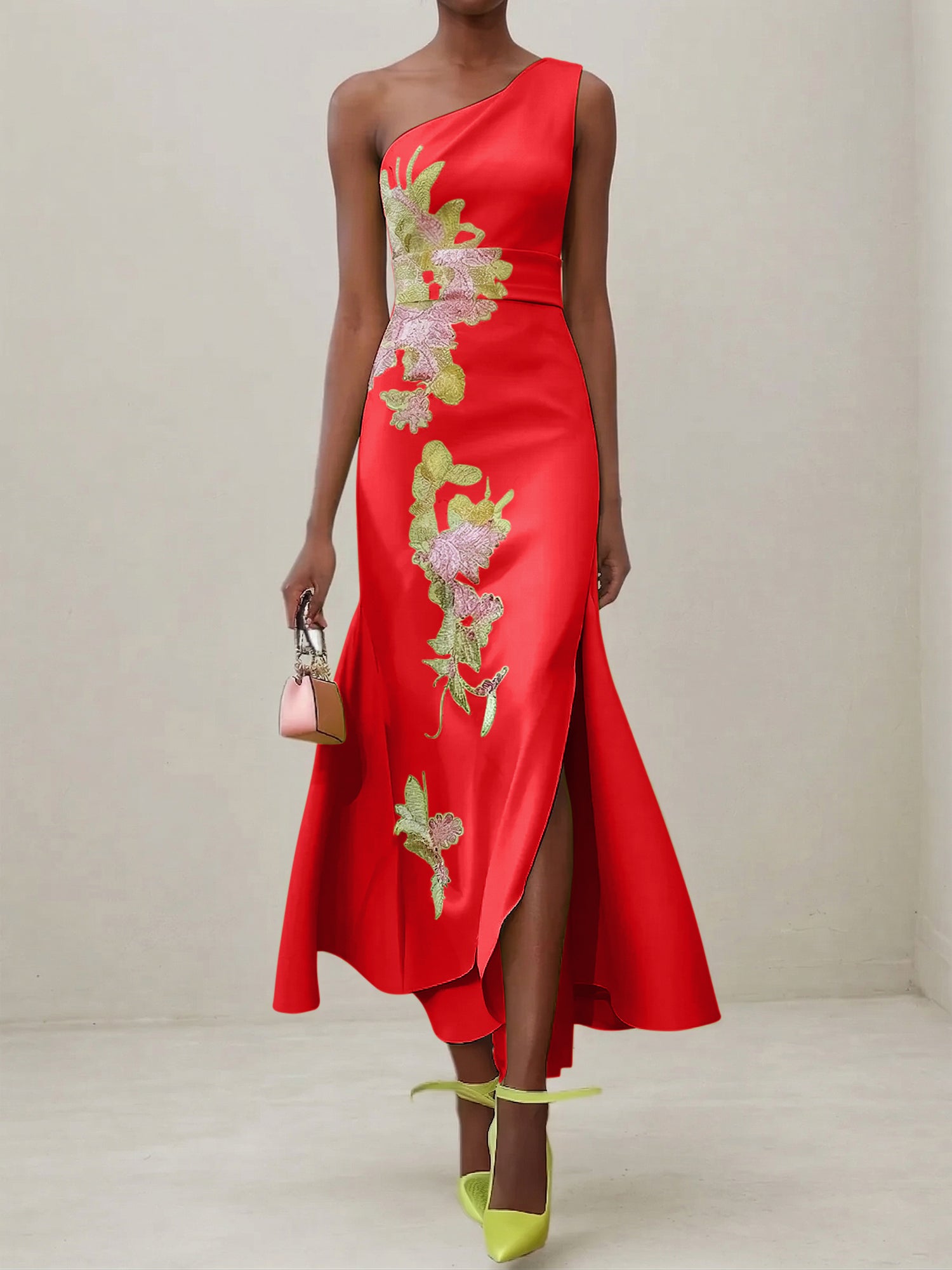 Green Floral One Shoulder Embroidered Cap Sleeve Slit Sheath Maxi Dress