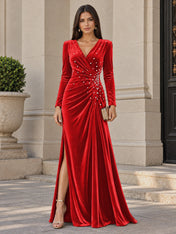 V-Neck Pearl Ruched Burgundy Velvet Floor-Length Evening Dresses with Long Sleeves
