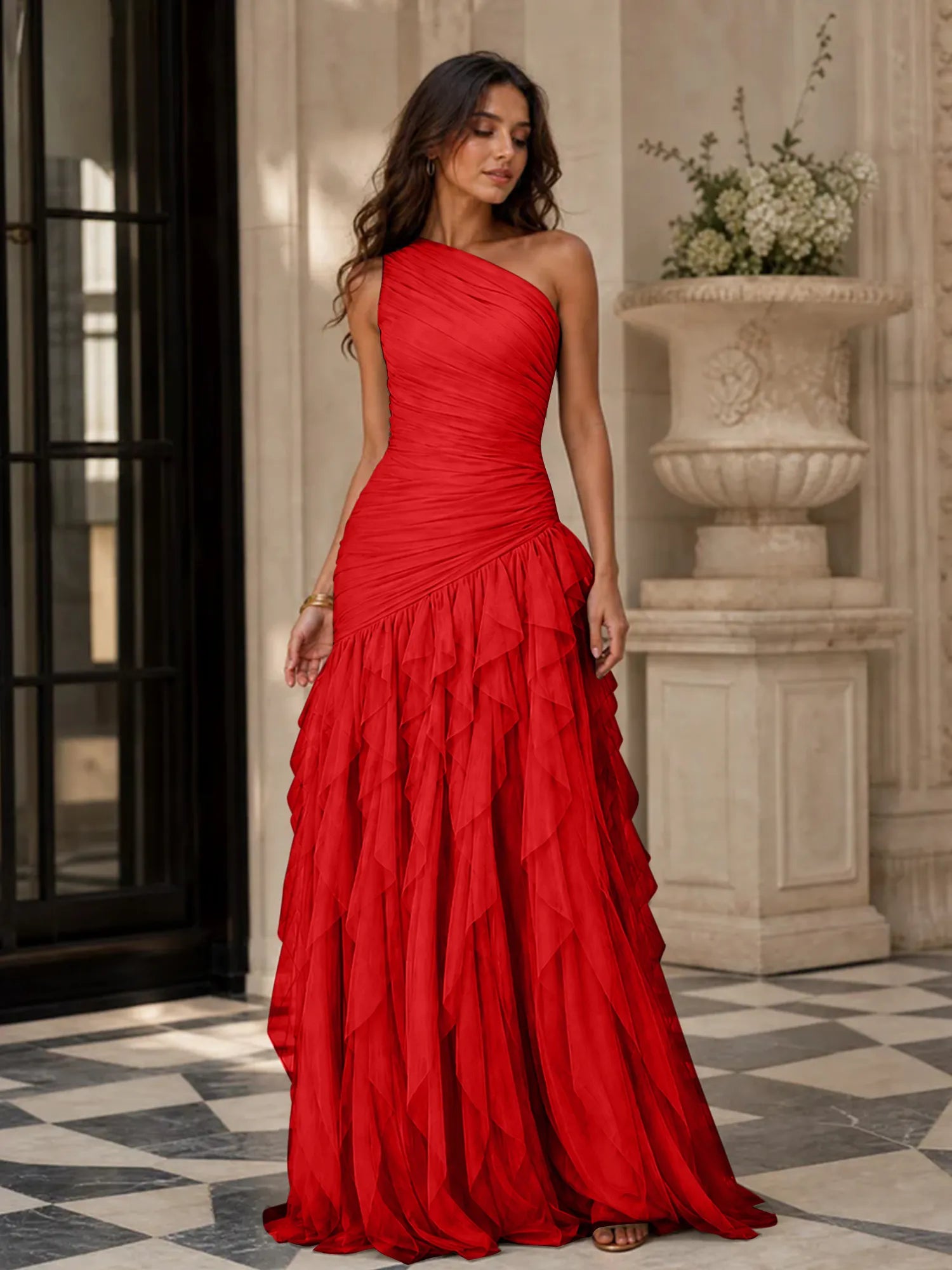 Emerald Green One-Shoulder Ruched Asymmetric Ruffle Chiffon Floor-Length Gown Dress