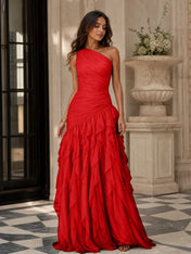 Emerald Green One-Shoulder Ruched Asymmetric Ruffle Chiffon Floor-Length Gown Dress