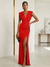Commanding Formal Evening Dress Emerald Green Plunging V-Neck Slit Gown