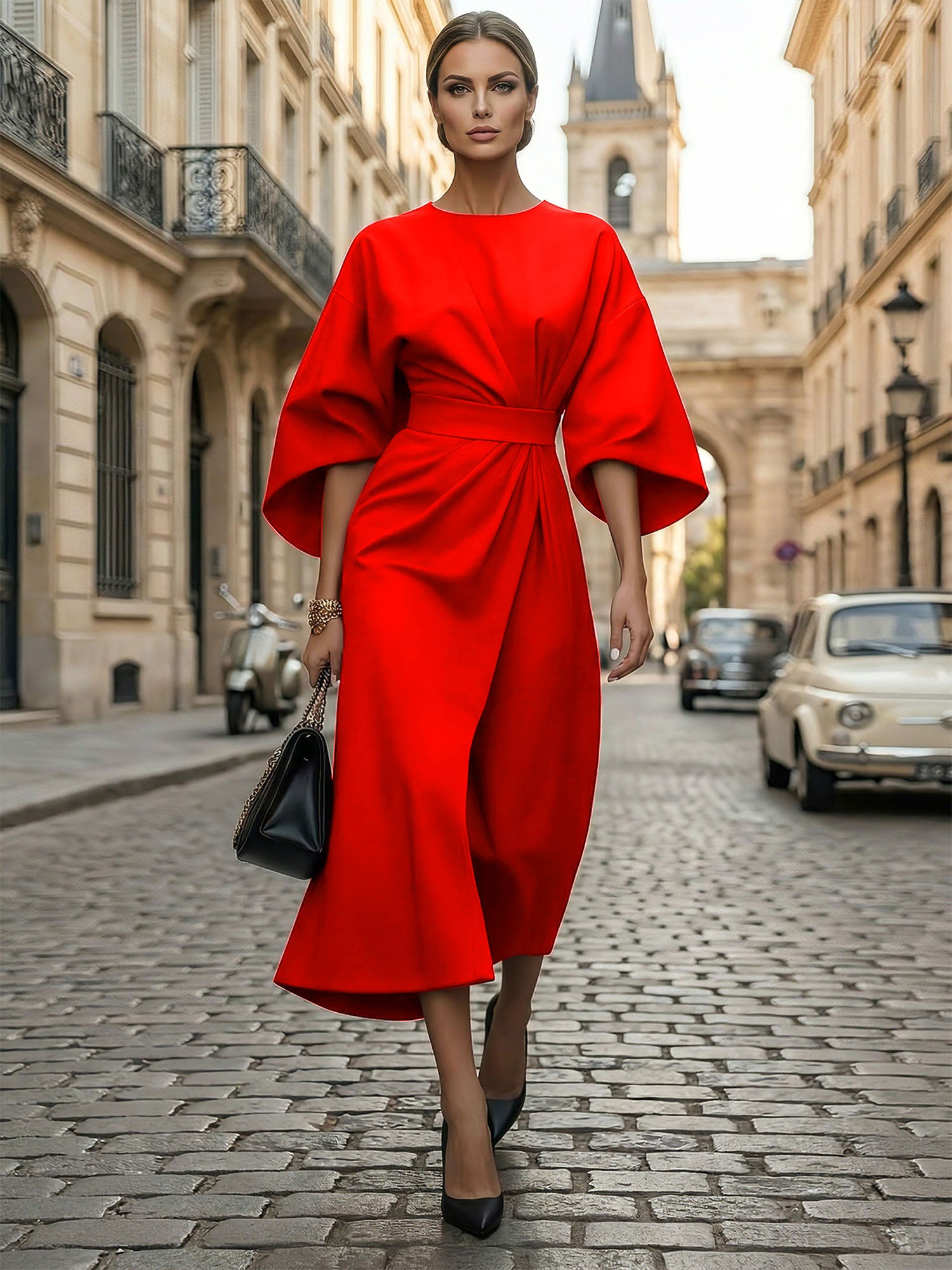 Loose Batwing Sleeve Dress Tight Waist Solid Color Elegant Dresses