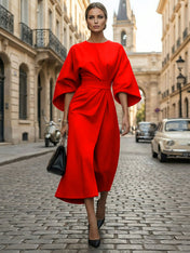 Loose Batwing Sleeve Dress Tight Waist Solid Color Elegant Dresses