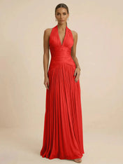 Sage Green Halter Neck Pleated Chiffon Evening Gown with Ruched