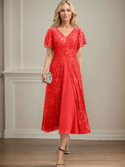 A-line V-Neck Tea-Length Lace Chiffon Mother of the Bride Dress