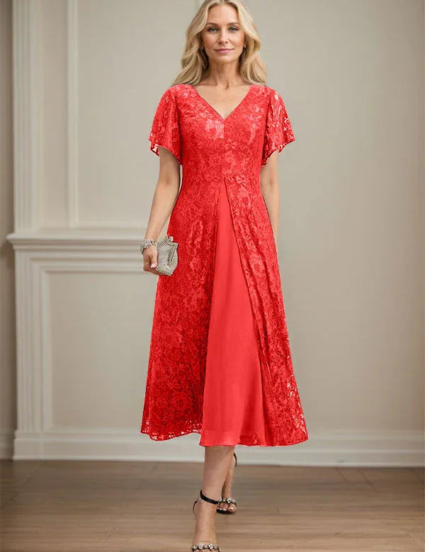 A-line V-Neck Tea-Length Lace Chiffon Mother of the Bride Dress