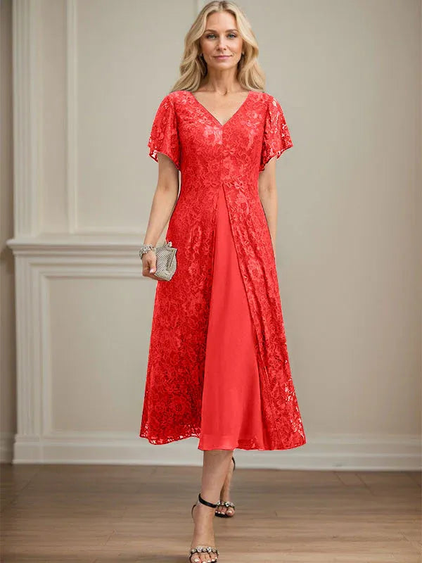 Robe de mère de la mariée en mousseline de soie, coupe trapèze, col en V et longueur thé 