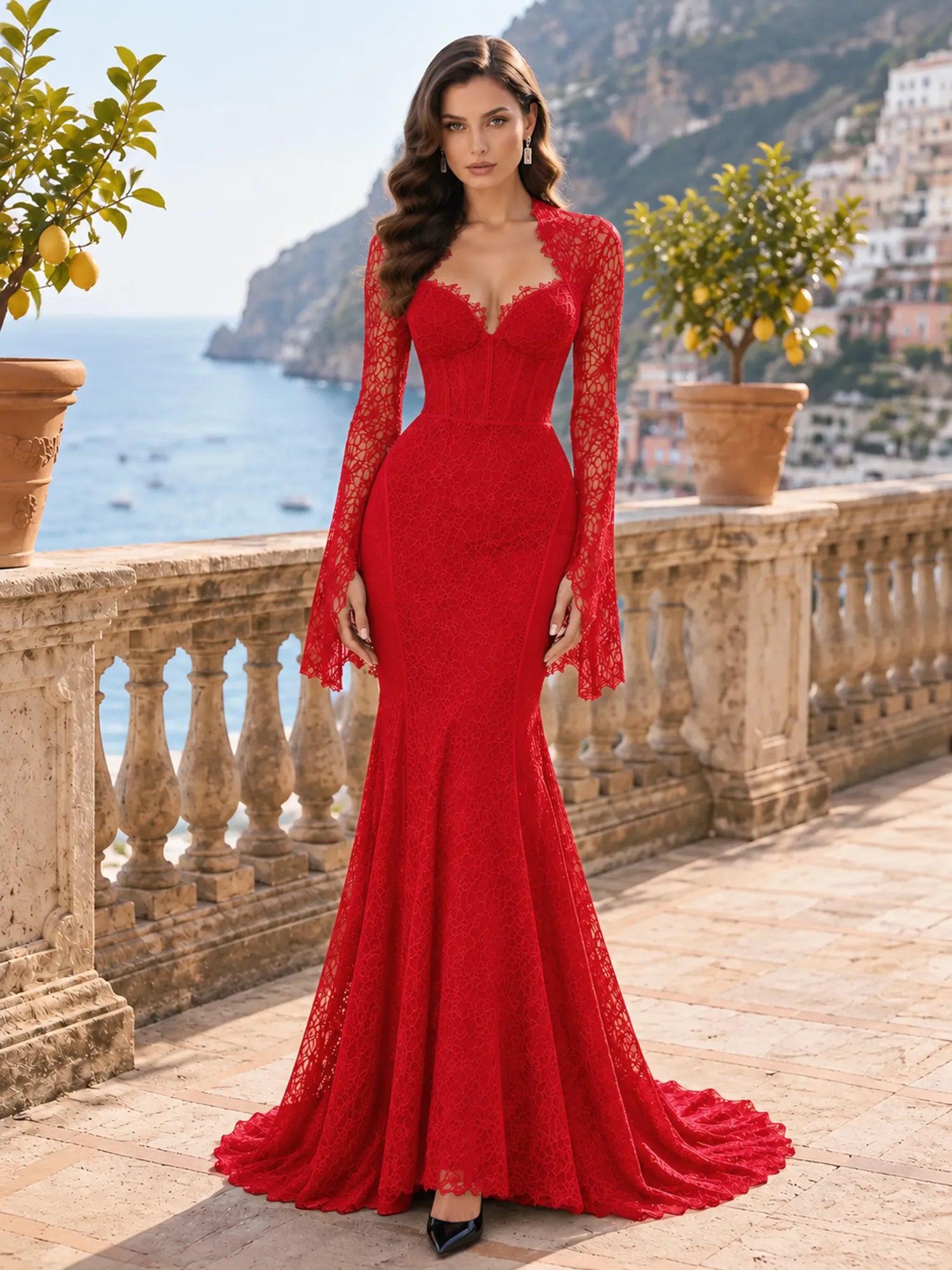 Long-Sleeve Lace-Trimmed Mermaid Evening Dress