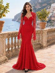 Long-Sleeve Lace-Trimmed Mermaid Evening Dress