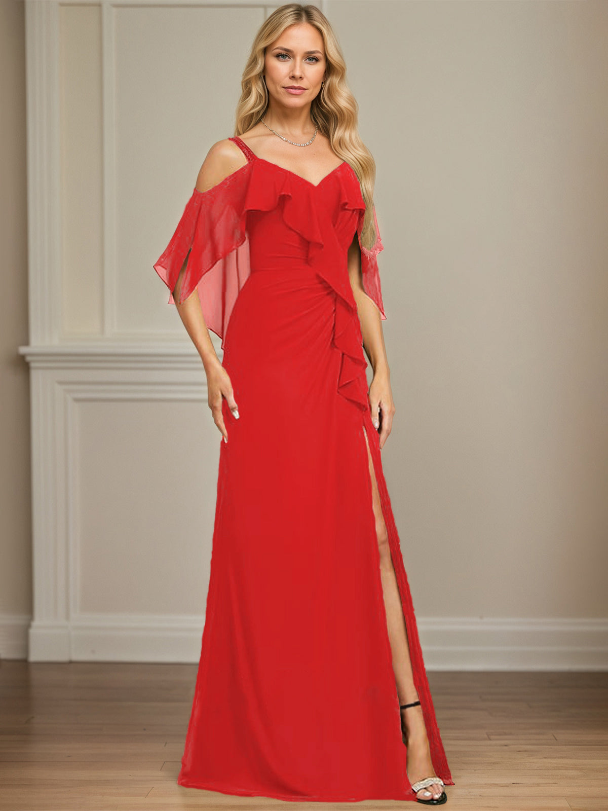 Column Cold Shoulder V-Neck Floor-Length Chiffon Dress With Cascading Ruffles Sequins Beading