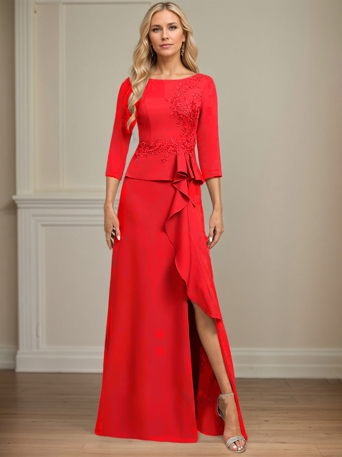 Column Scoop Floor-Length Stretch Crepe Dress With Cascading Ruffles Appliques