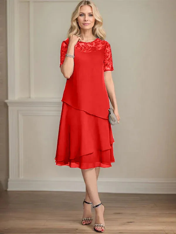 A-line Scoop Illusion Knee-Length Lace Chiffon Mother of the Bride Dress With Sequins