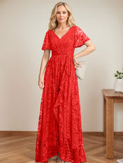 A-Line V-Neck Asymmetrical Lace Mother of the Bride Dress With Cascading Ruffles