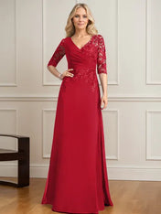 A-line V-Neck Floor-Length Lace Chiffon Mother of the Bride Dress With Pleated Sequins