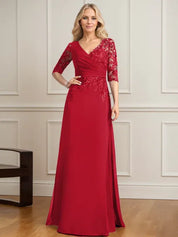 Robe de mère de la mariée trapèze, col en V, longueur au sol, en mousseline de soie et dentelle, avec sequins plissés 