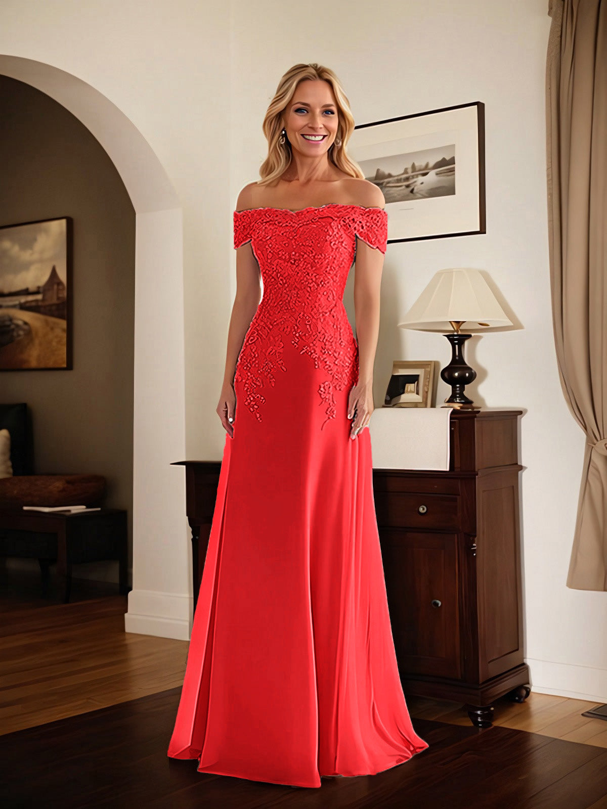 Elegant Taupe Off The Shoulder Sheath Mother of the Bride Dress with Lace