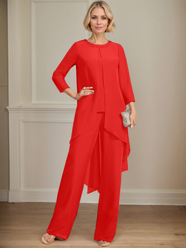 Separates Jumpsuit/Pantsuit Scoop Floor-Length Chiffon Mother of the Bride Dress With Sequins Beading