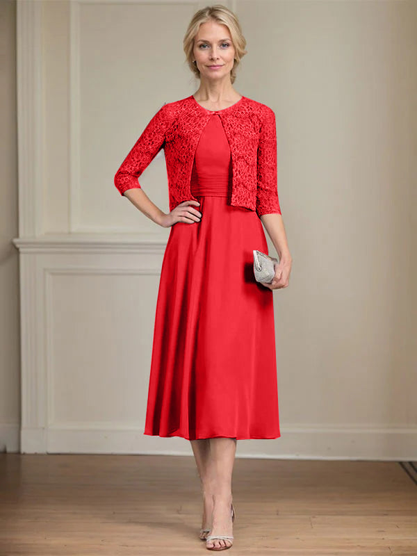 A-line Scoop Tea-Length Chiffon Mother of the Bride Dress With Pleated