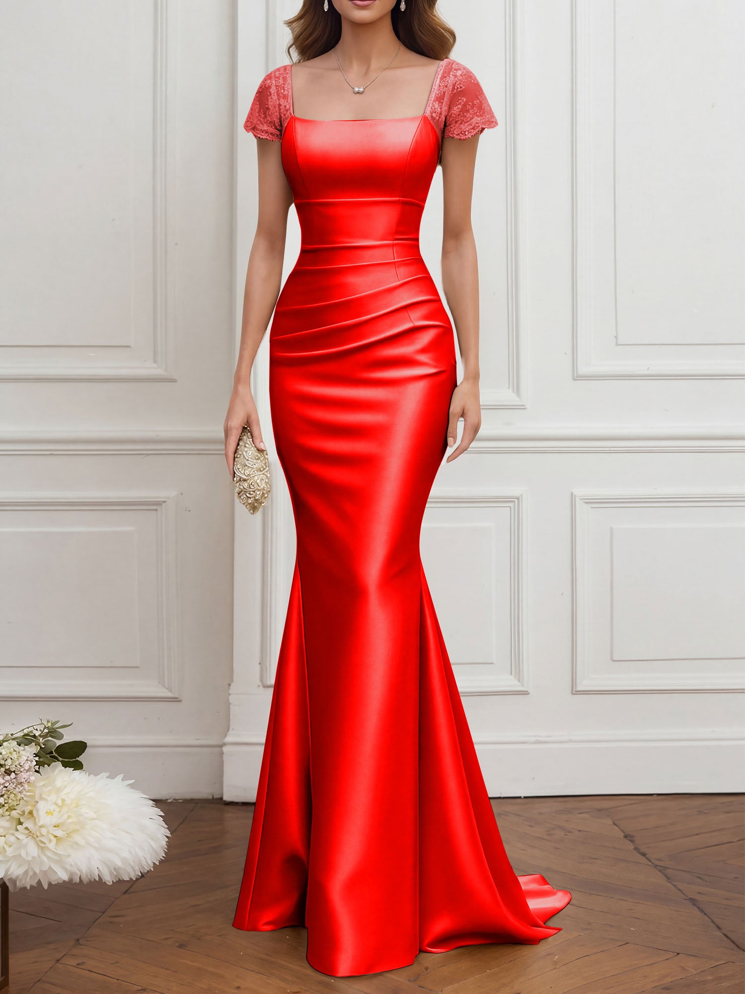 Mother of the Bride Dress Champagne Satin Square Neck Maxi Dress
