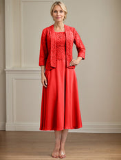 A-line Scoop Tea-Length Lace Chiffon Mother of the Bride Dress