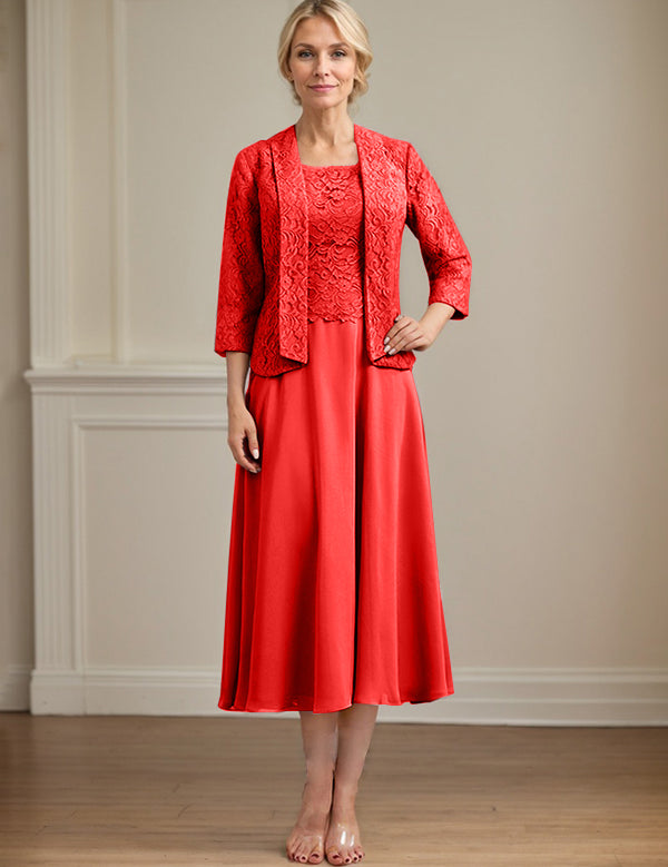A-line Scoop Tea-Length Lace Chiffon Mother of the Bride Dress