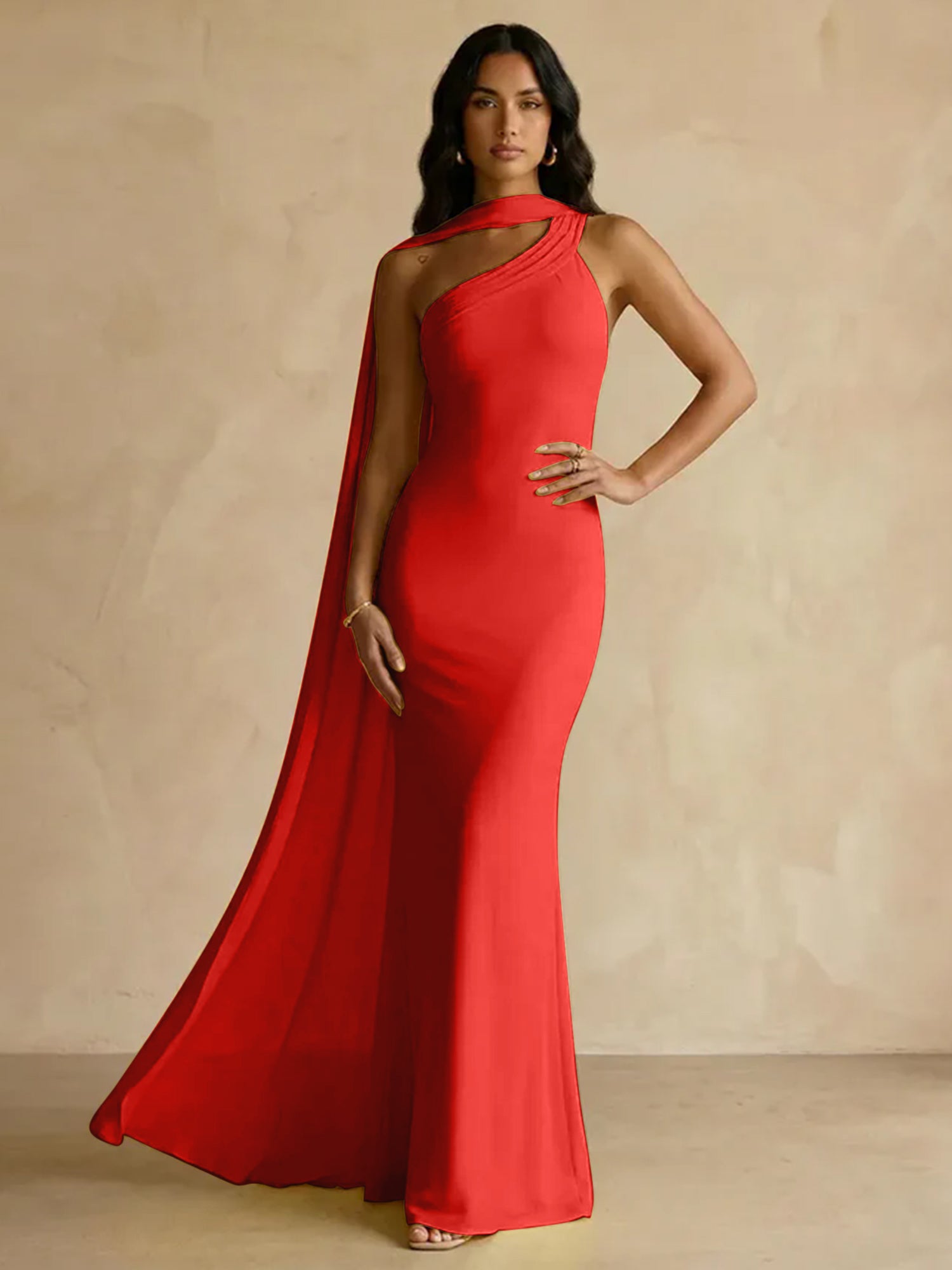 Yellow One-Shoulder Crepe Sheath Gown with Flowing Chiffon Cape Train
