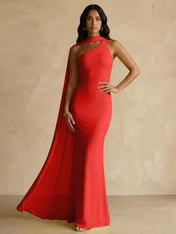 Yellow One-Shoulder Crepe Sheath Gown with Flowing Chiffon Cape Train