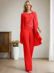 Separates Jumpsuit/Pantsuit Scoop Floor-Length Chiffon Lace Mother of the Bride Dress With Beading Sequins