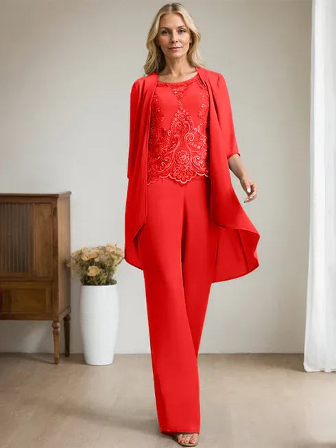 Pantsuit Scoop Floor-Length Chiffon Lace Mother of the Bride Dress With Beading Sequins
