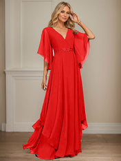 A-line V-Neck Floor-Length Chiffon Mother of the Bride Dress With Sequins Appliques Lace Beading