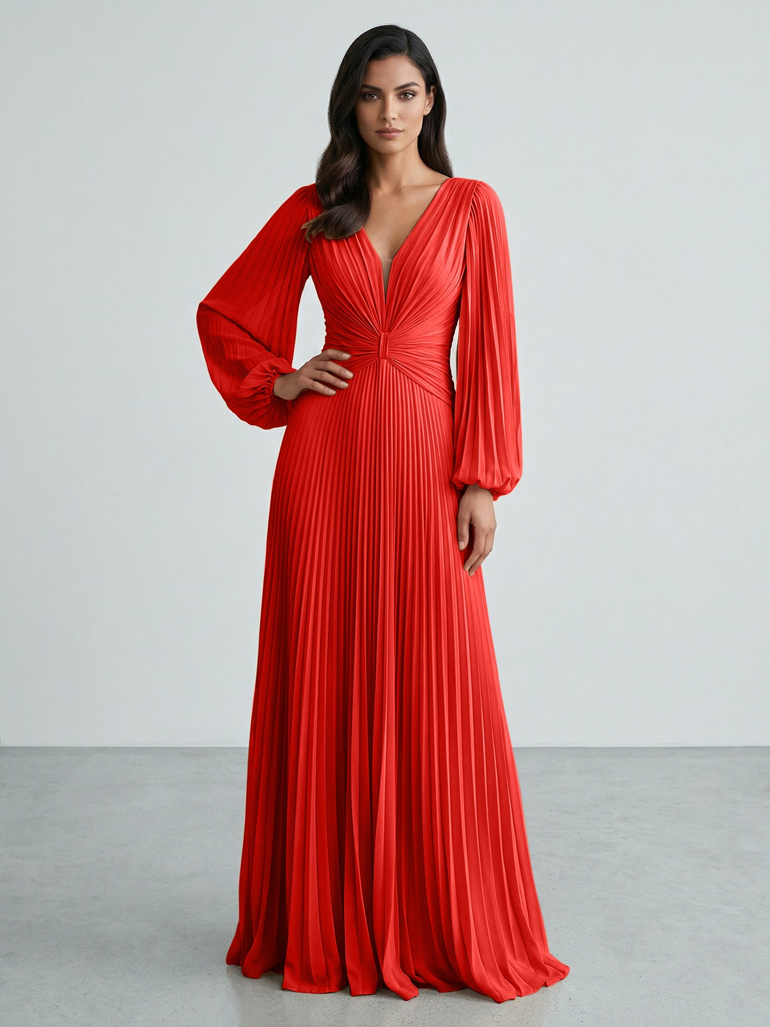 Slate Blue Plunging V-Neck Pleated Long Sleeve Maxi Dress Gown