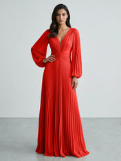 Slate Blue Plunging V-Neck Pleated Long Sleeve Maxi Dress Gown