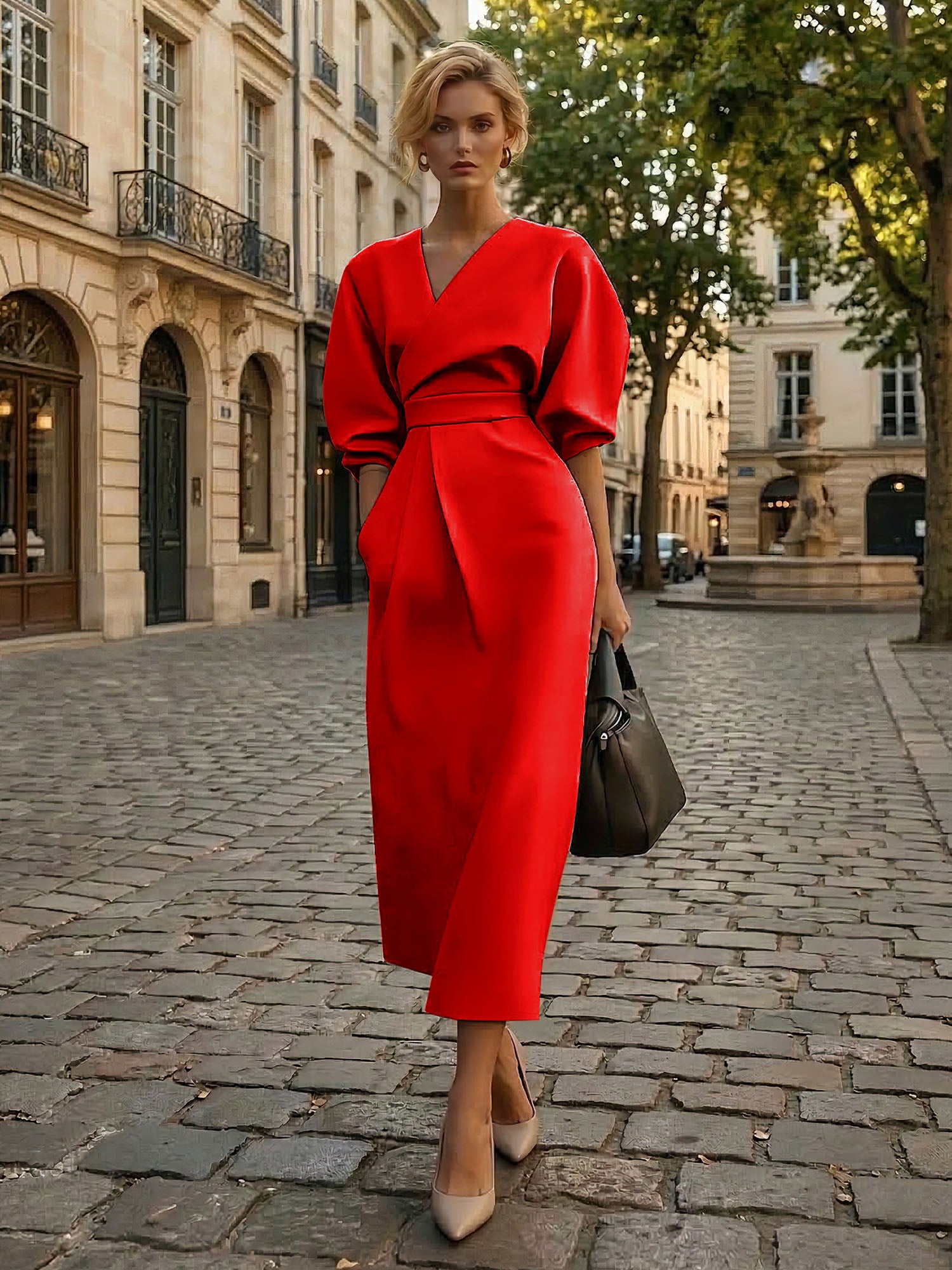 Sophisticated Camel V-Neck Balloon Sleeve Midi Dress Evening Gown