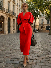 Sophisticated Camel V-Neck Balloon Sleeve Midi Dress Evening Gown