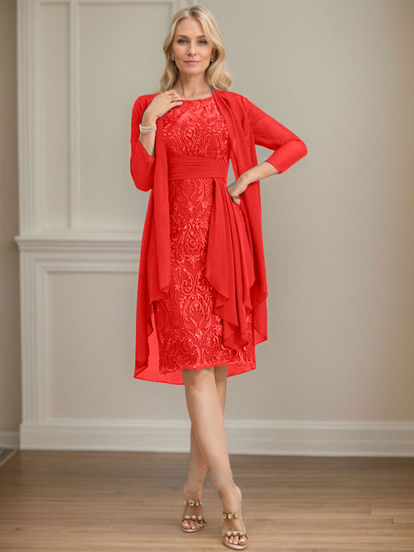 Column Scoop Illusion Knee-Length Lace Chiffon Mother of the Bride Dress With Cascading Ruffles Sequins