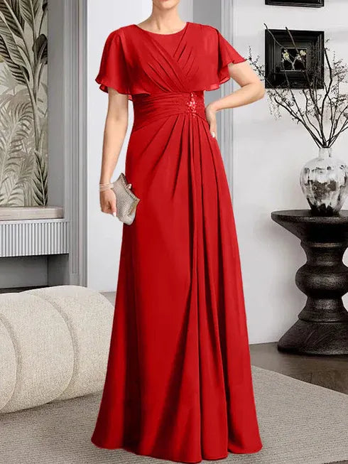 A-line Scoop Floor-Length Chiffon Mother of the Bride Dress With Pleated Beading
