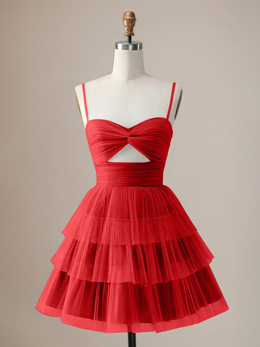 A Line Spaghetti Straps Short Tiered Homecoming Dress with Hollow Out