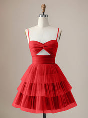 A Line Spaghetti Straps Short Tiered Homecoming Dress with Hollow Out