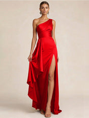 Sleek Foraml Evening Gown Midnight Navy One-Shoulder Satin Slit Maxi Dress