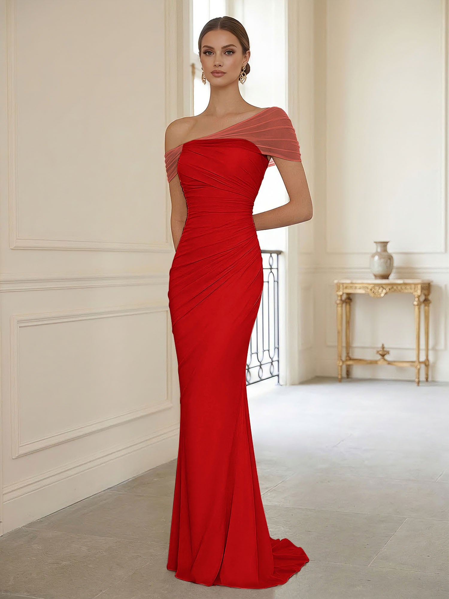 Sophisticated Blush Pink Asymmetrical Ruched Maxi Dress Evening Gown
