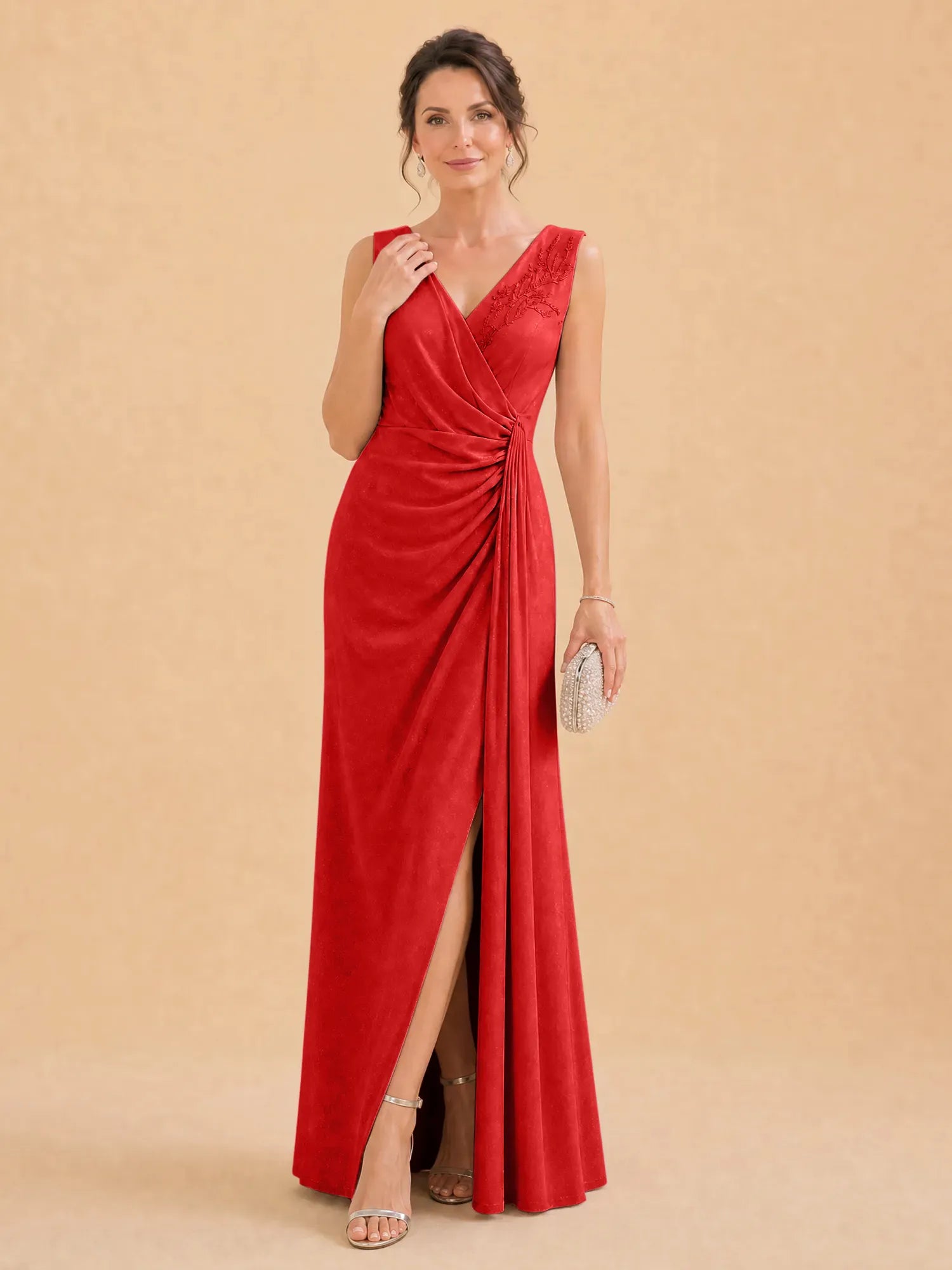 V-Neck Faux-Wrap Evening Gown with Side Draping Mother of The Bride Dresses