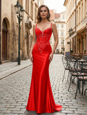 Purple Mermaid Spaghetti Straps Satin Long Corset Appliqued Prom Dress