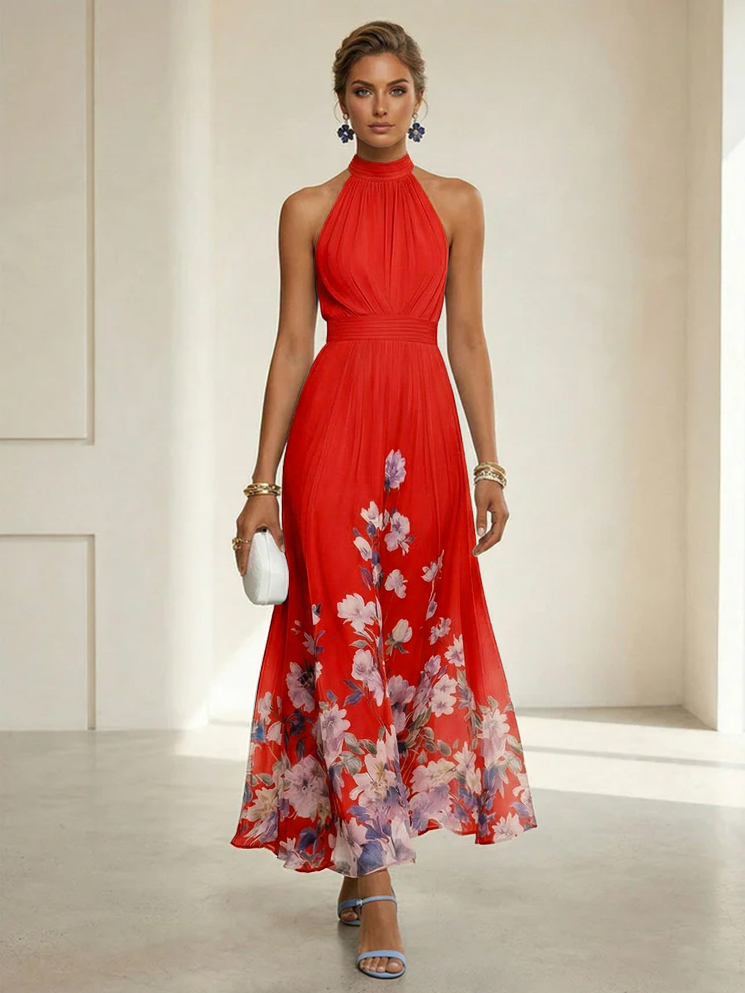 Light Blue Floral Chiffon Halter Sleeveless A-Line Maxi Dress Gown