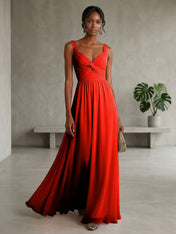 Elegant Soft Blush Twist-Front Chiffon Maxi Gown