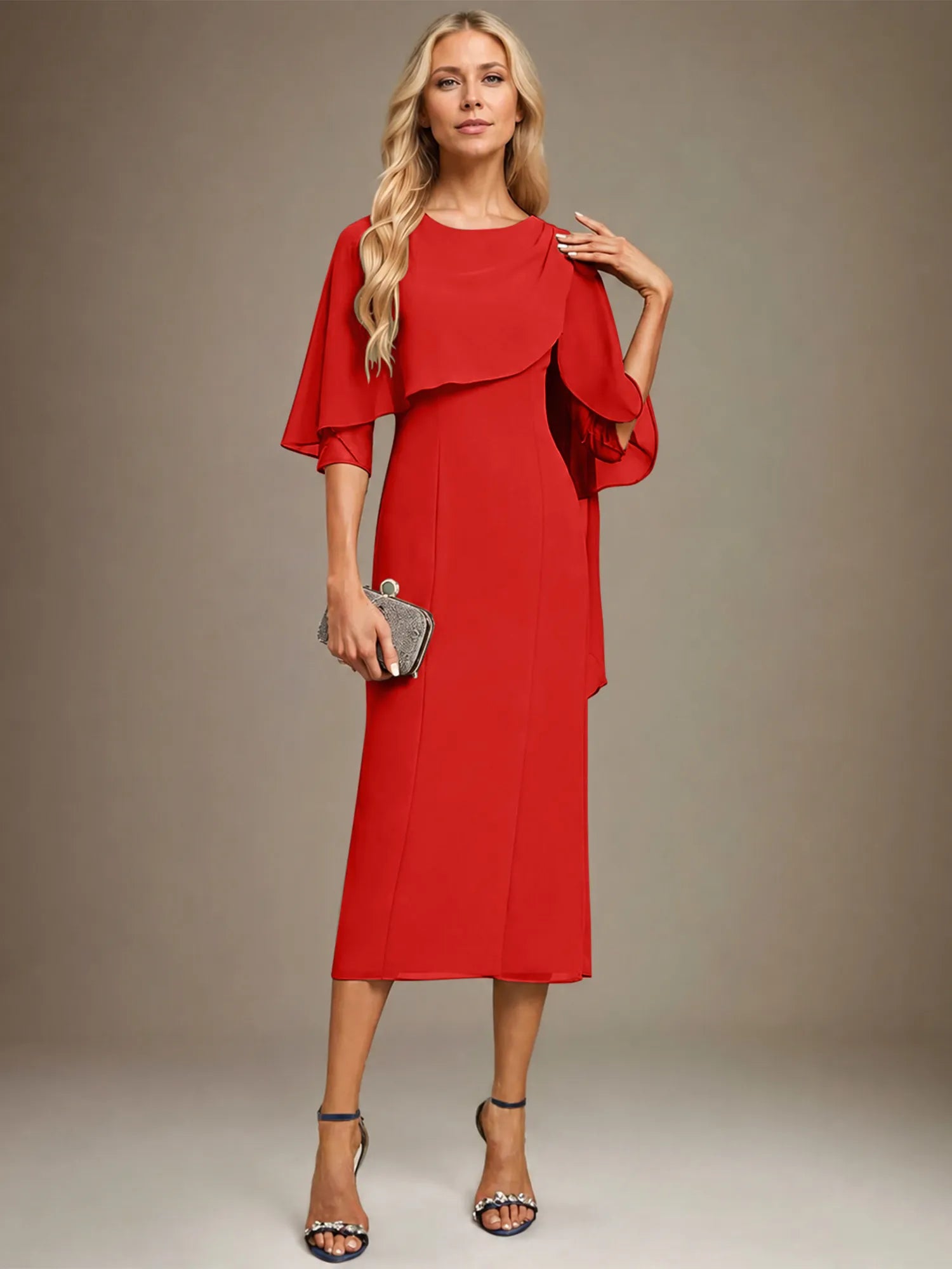 Sheath/Column Scoop Tea Length Chiffon Dress With Pleated Beading